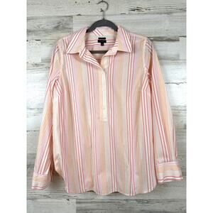 Talbots Womens M White Orange Multi Flourish Stripe Non Iron Button up Shirt NEW